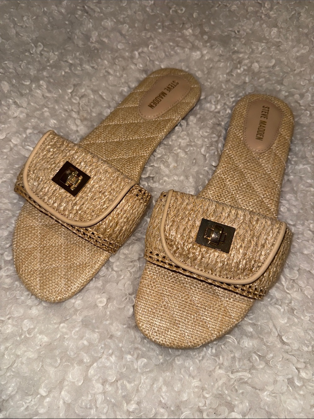 Steve Madden Beige Woven Slide Sandals with Gold Accent